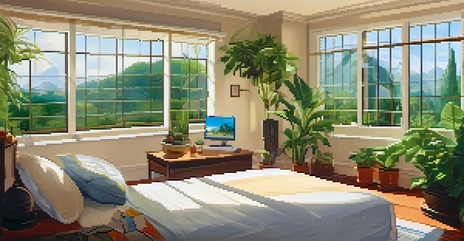 A cozy hotel room with a small rabbit's setup, including a bed, toys, and a view of a garden.