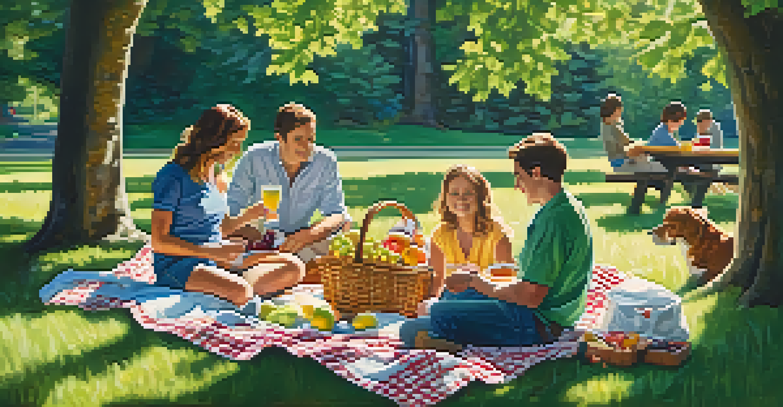 A family having a picnic on a checkered blanket with food in a sunny park.