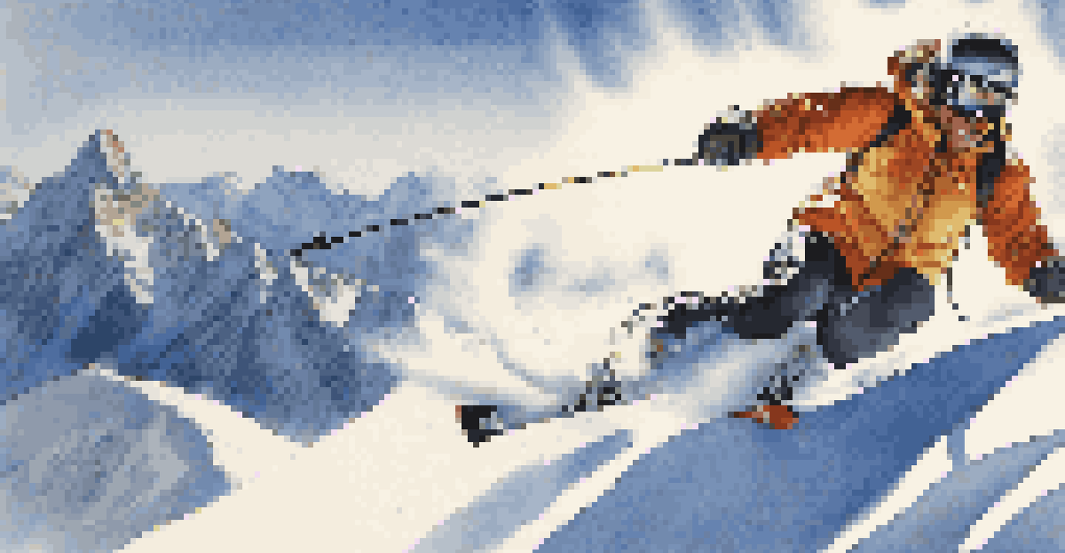 A skier skiing down a snowy slope, with mountains in the background and sunlight illuminating the scene.