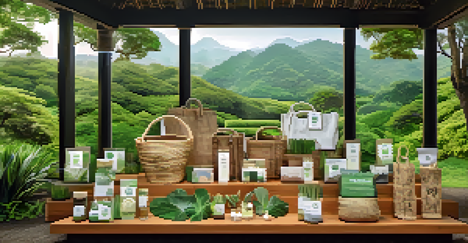 A display of eco-friendly souvenirs including a handwoven basket and recycled glass jewelry, set against a scenic green landscape.