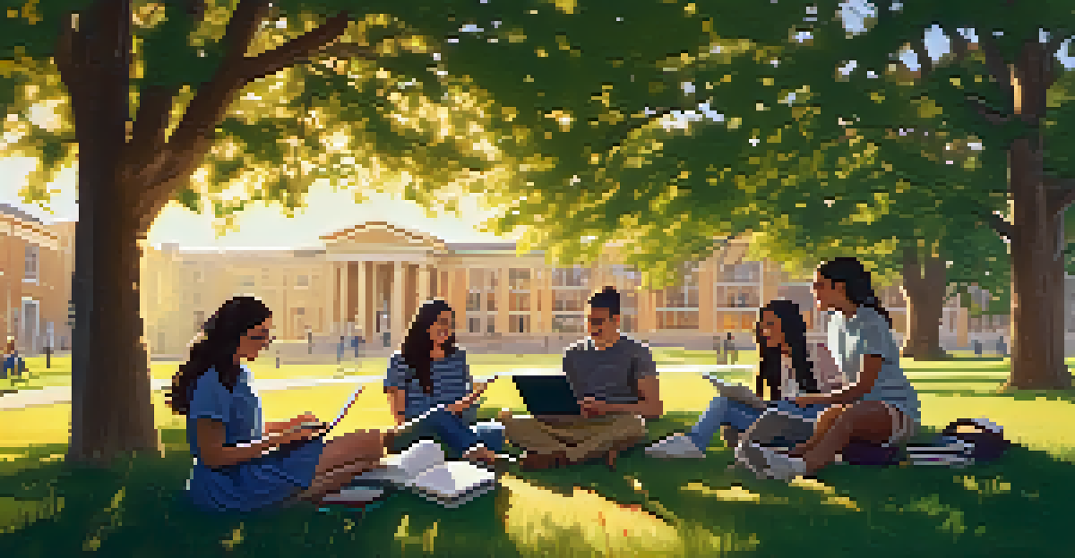 A diverse group of students enjoying their time outdoors, studying together on a grassy field under golden sunlight.