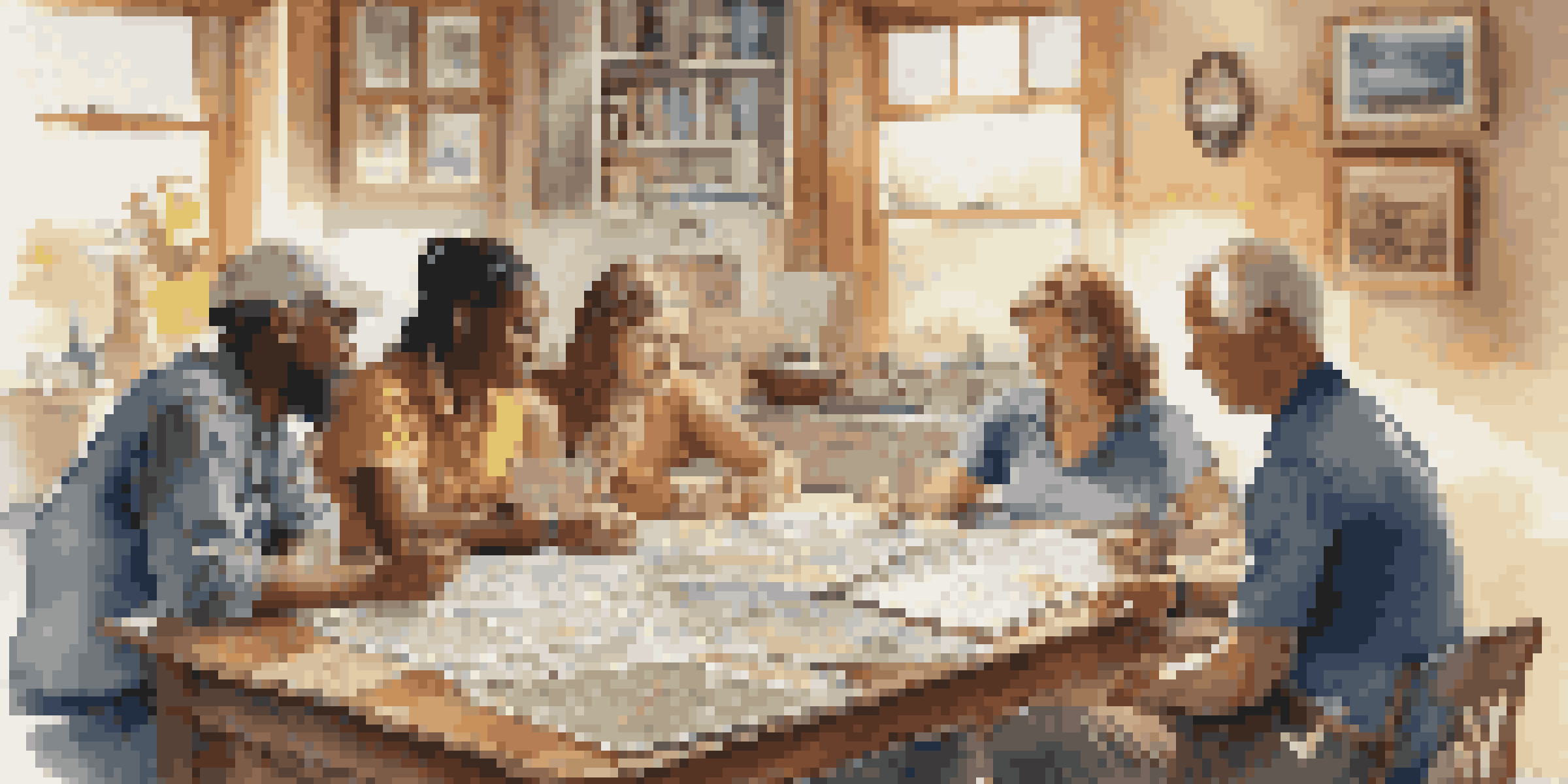 A diverse group of travelers discussing an emergency preparedness plan with maps and supplies on a table, in a well-lit room.