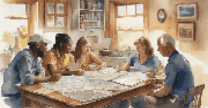 A diverse group of travelers discussing an emergency preparedness plan with maps and supplies on a table, in a well-lit room.