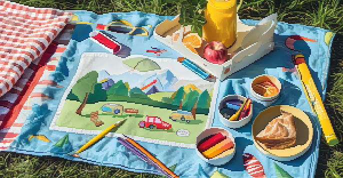 A colorful travel activity kit with crayons, stickers, and a coloring book laid out on a picnic blanket under dappled sunlight.
