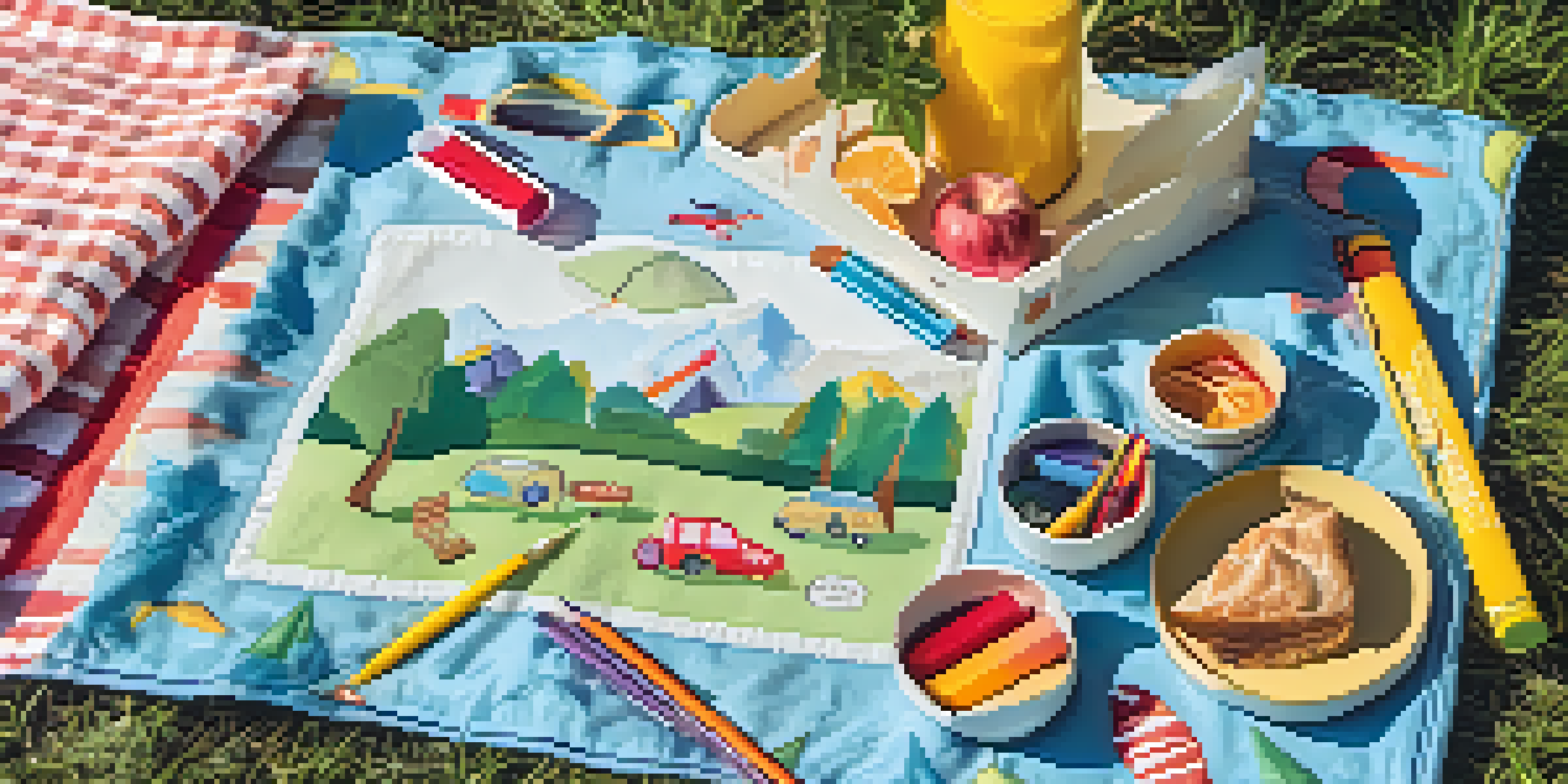 A colorful travel activity kit with crayons, stickers, and a coloring book laid out on a picnic blanket under dappled sunlight.