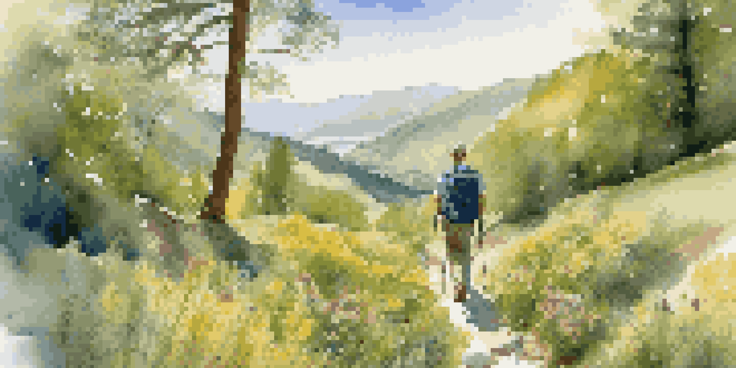 A photographer joyfully hiking with a lightweight camera bag amidst a lush green mountain landscape, surrounded by wildflowers and a clear blue sky.