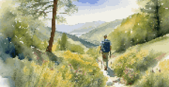 A photographer joyfully hiking with a lightweight camera bag amidst a lush green mountain landscape, surrounded by wildflowers and a clear blue sky.