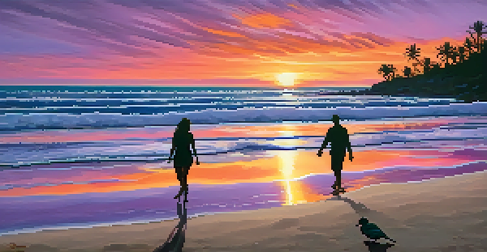 A couple walking hand in hand on a beach during sunset, with vibrant orange, pink, and purple colors in the sky and gentle waves in the foreground.