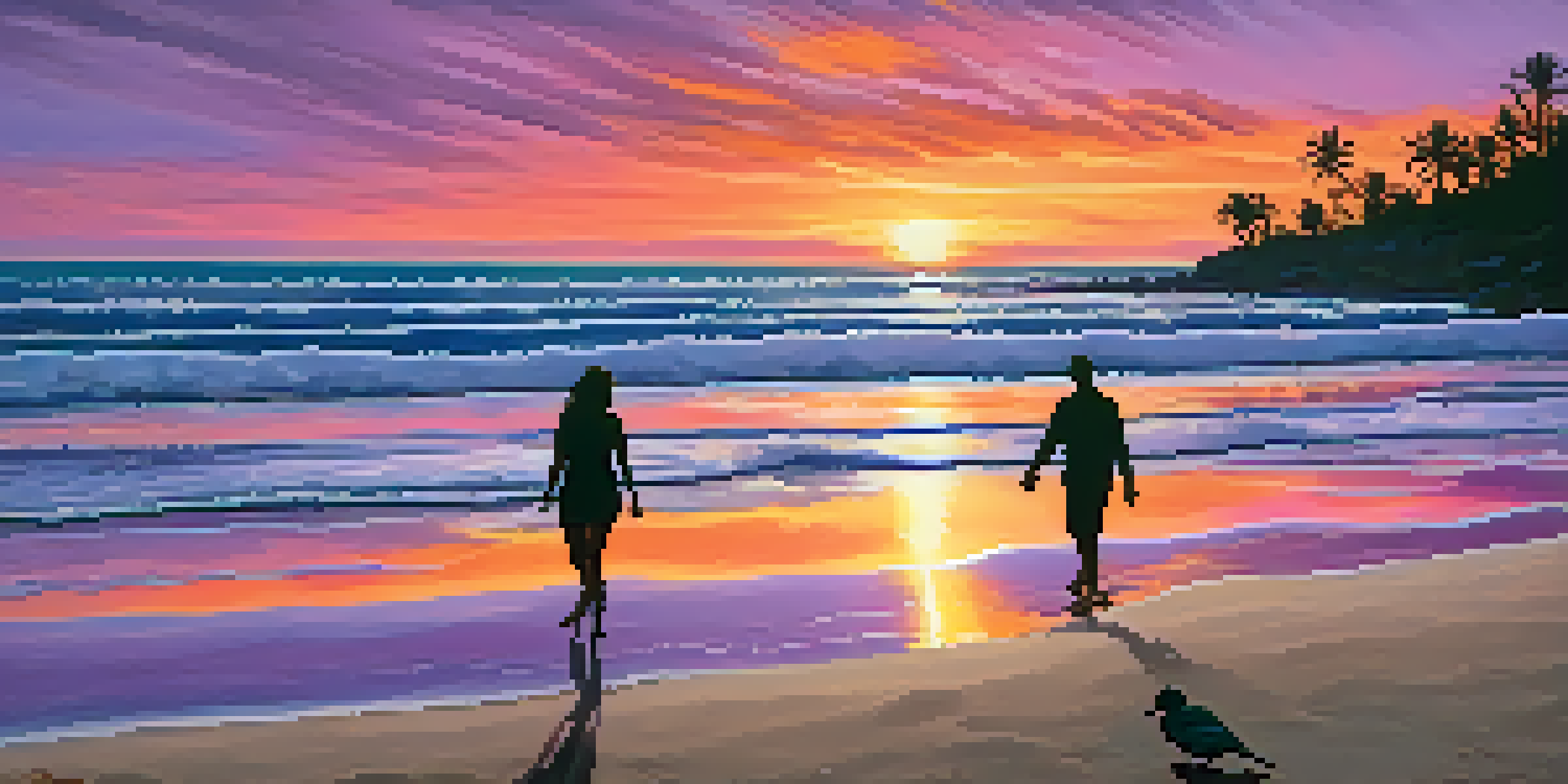 A couple walking hand in hand on a beach during sunset, with vibrant orange, pink, and purple colors in the sky and gentle waves in the foreground.