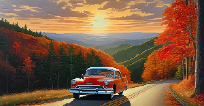 A picturesque road surrounded by colorful autumn foliage and a vintage car driving through the scene during sunset.