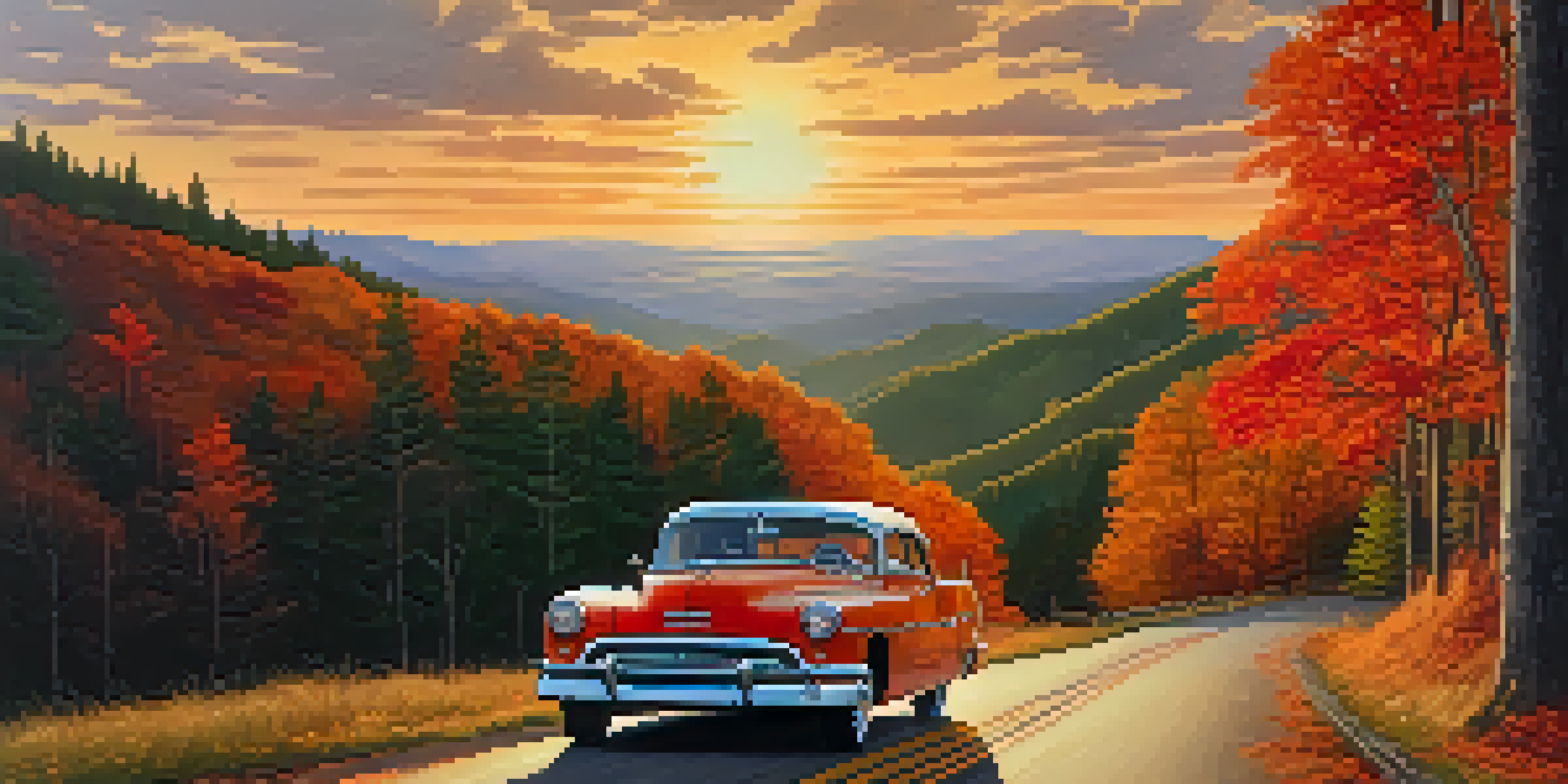 A picturesque road surrounded by colorful autumn foliage and a vintage car driving through the scene during sunset.