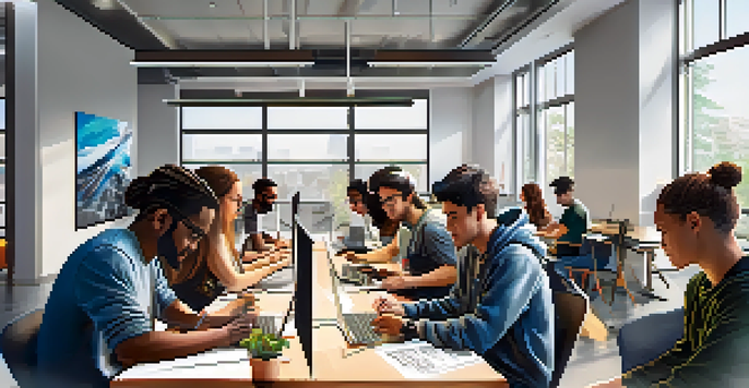 A diverse group of college students collaborating in a bright tech company workshop, brainstorming solutions around a large table.