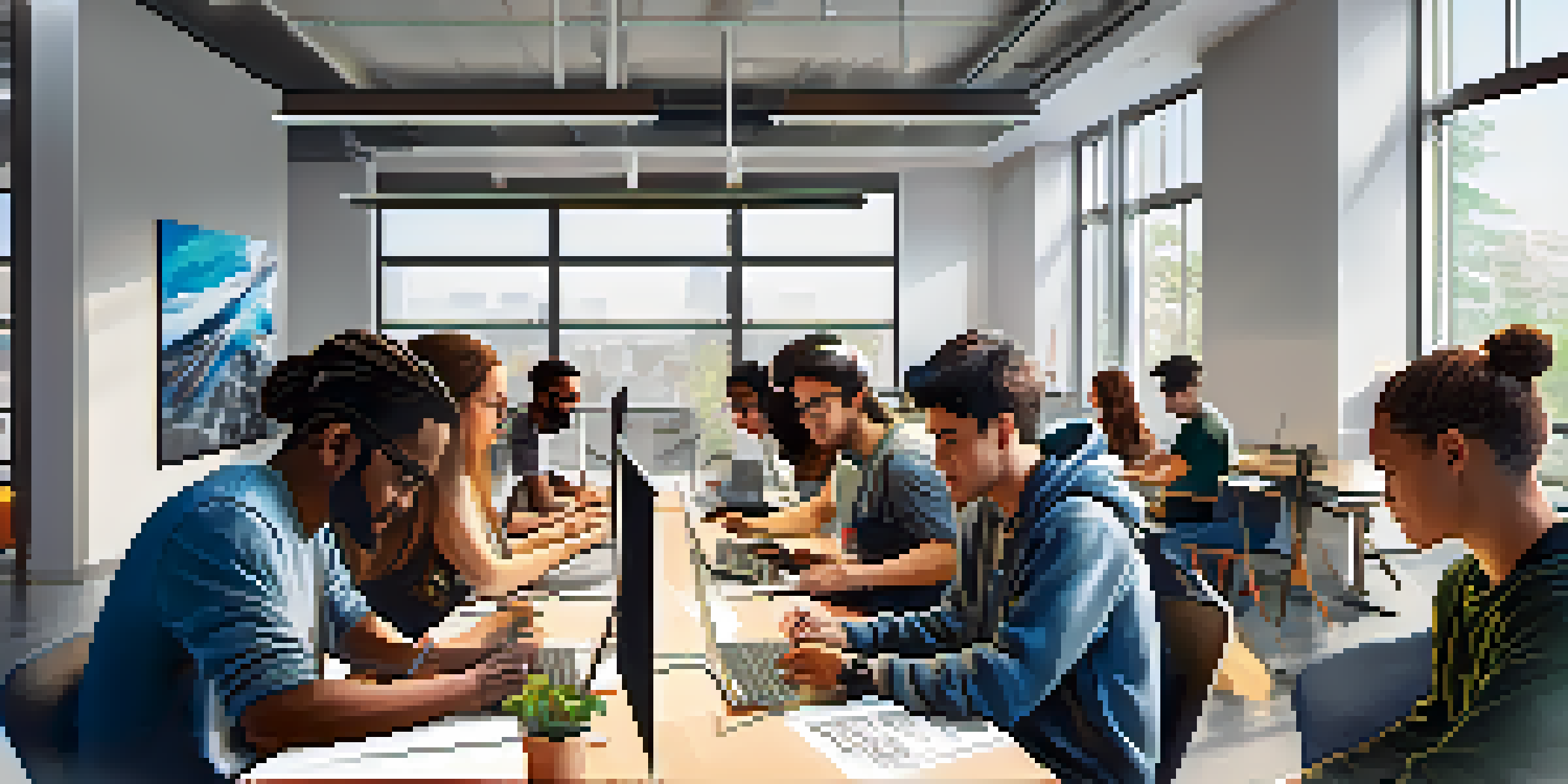 A diverse group of college students collaborating in a bright tech company workshop, brainstorming solutions around a large table.
