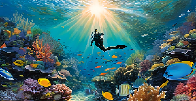 An underwater view of a colorful coral reef bustling with fish and marine life, with sunlight filtering through the water.