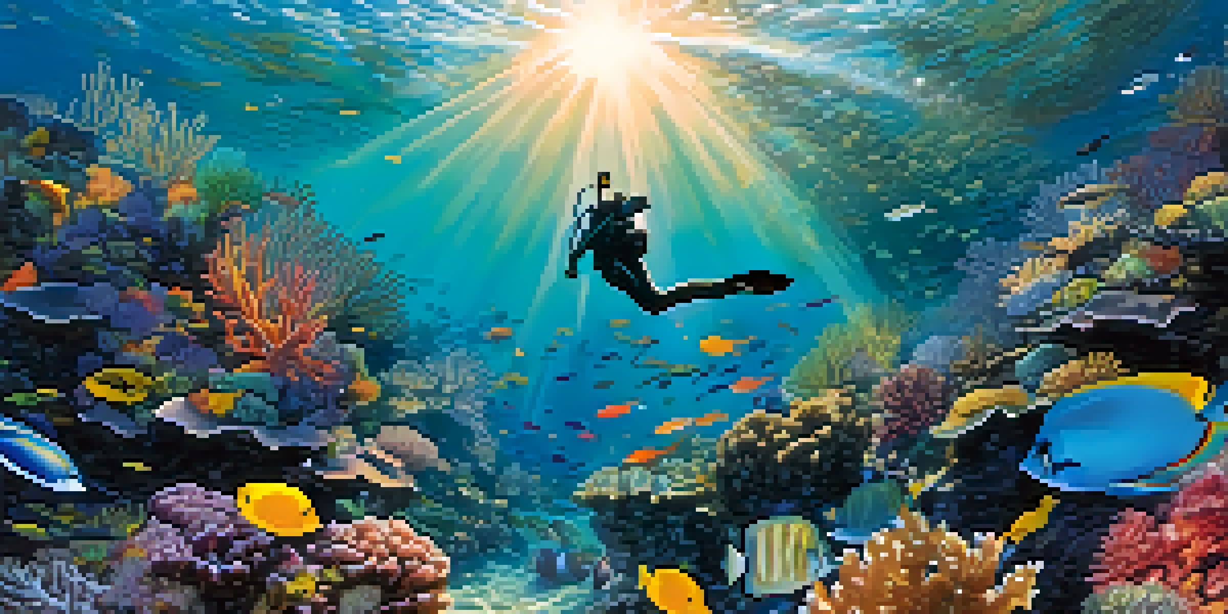An underwater view of a colorful coral reef bustling with fish and marine life, with sunlight filtering through the water.