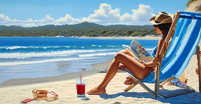 A person relaxing on a beach with a travel guide, a cooler nearby, and a clear blue sky above.