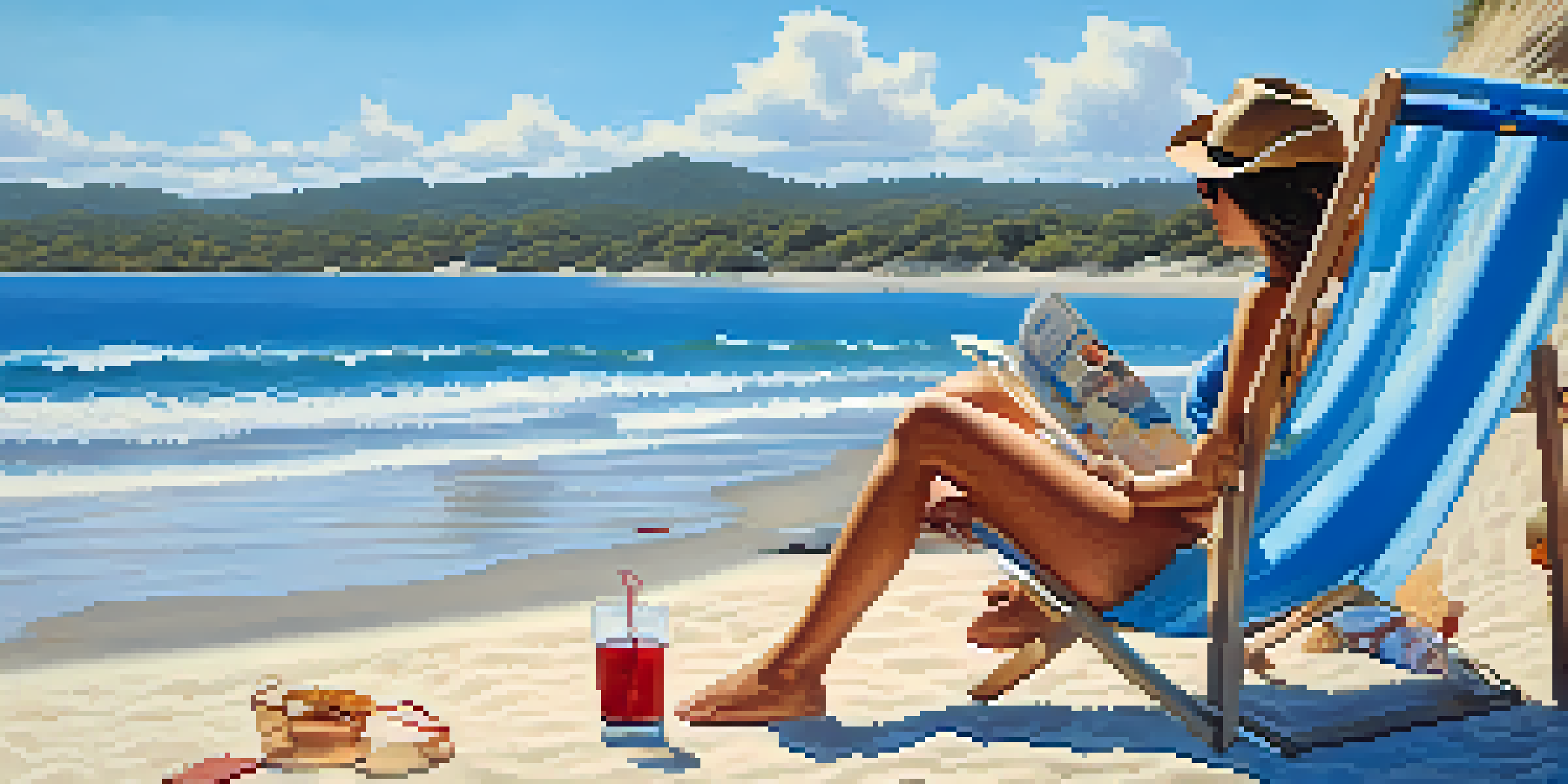 A person relaxing on a beach with a travel guide, a cooler nearby, and a clear blue sky above.