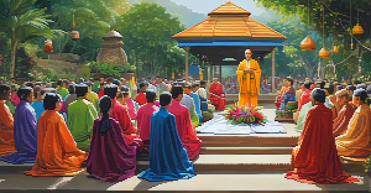 An outdoor religious ceremony in a garden with participants in traditional clothing, colorful decorations, and offerings, showing a blend of celebration and respect.