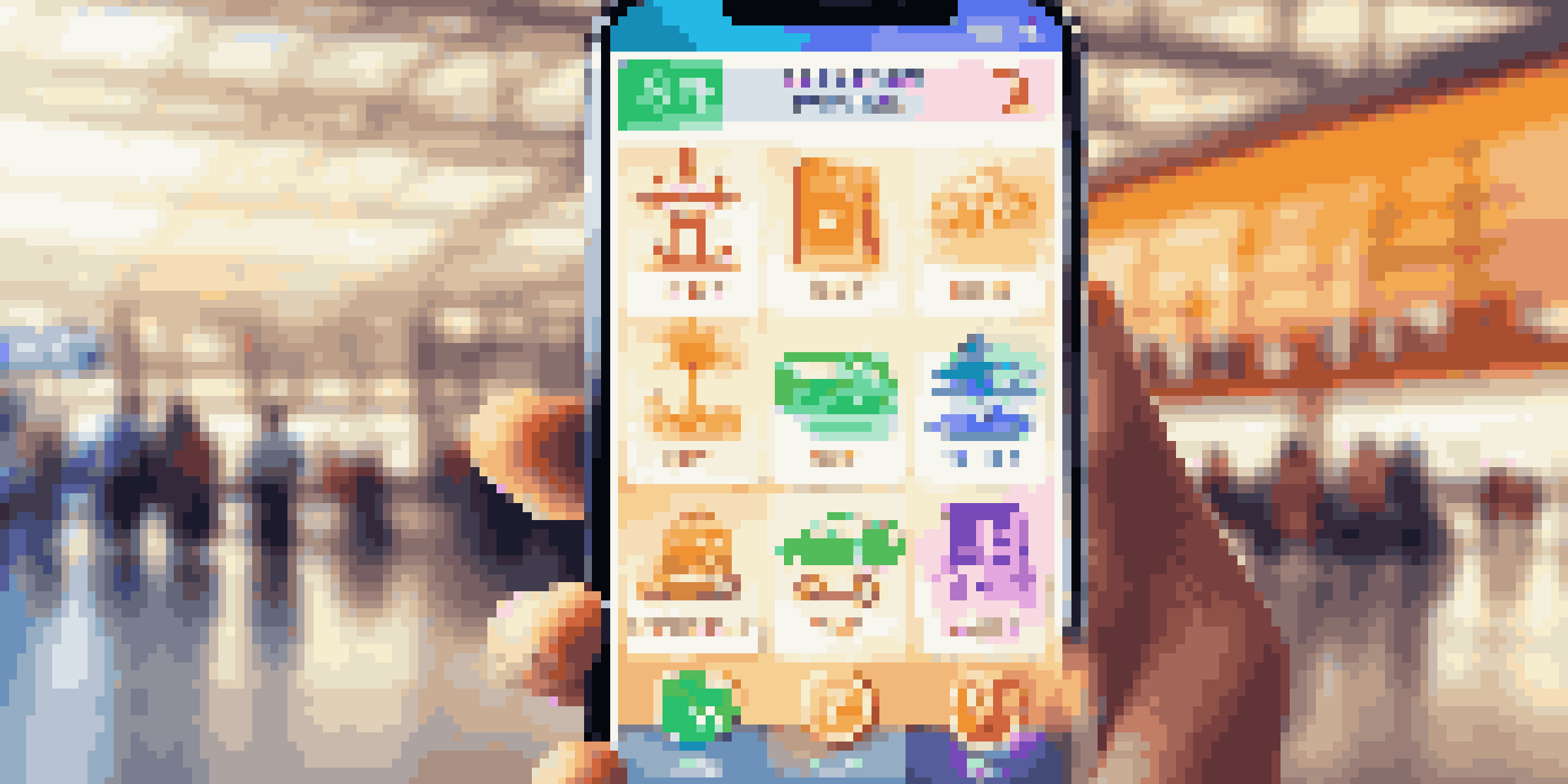A smartphone showing a colorful mobile app interface for last-minute travel deals with a blurred airport terminal in the background.
