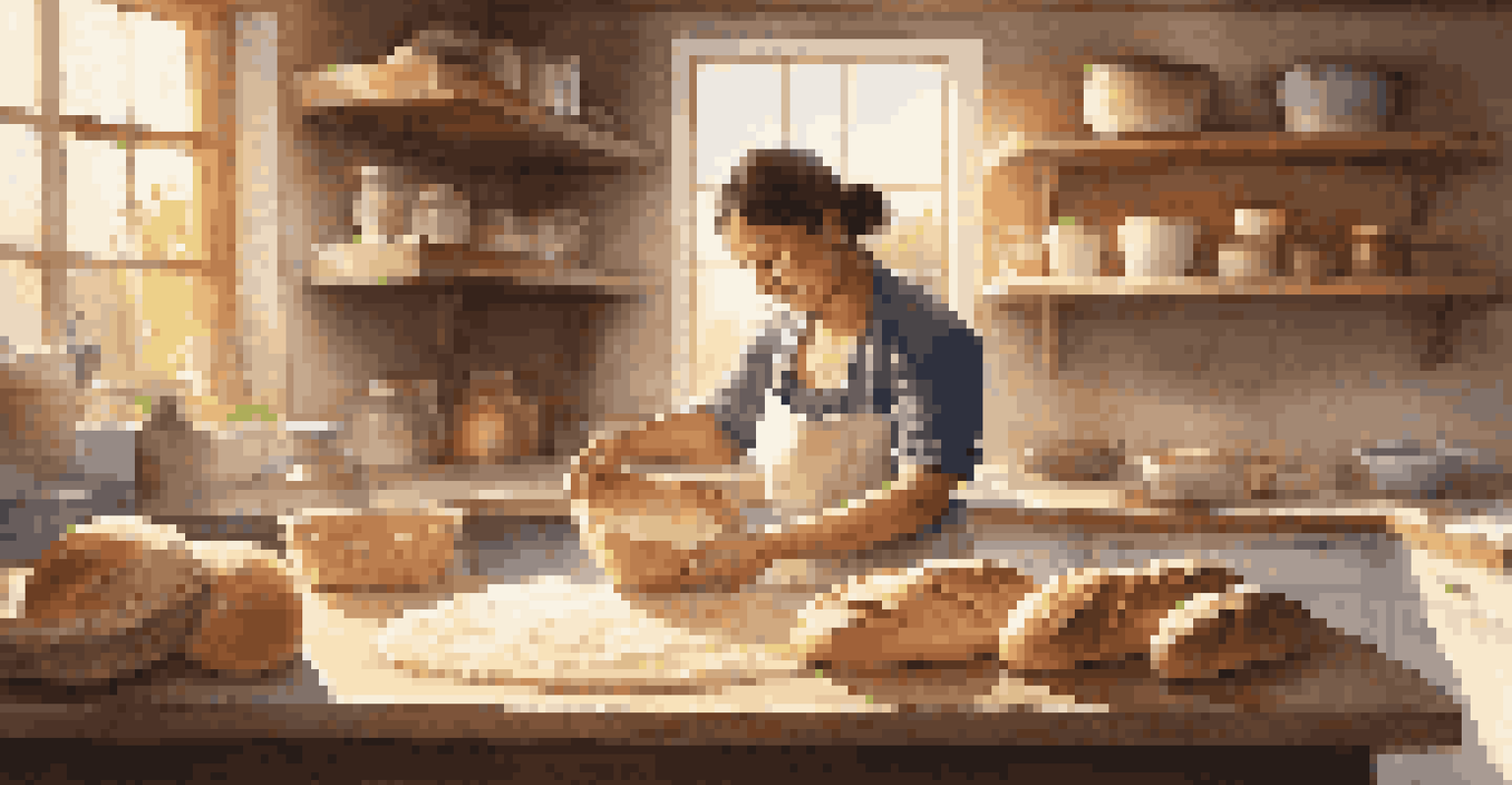An artisan baker kneading sourdough bread dough in a cozy kitchen with sunlight streaming through a window.