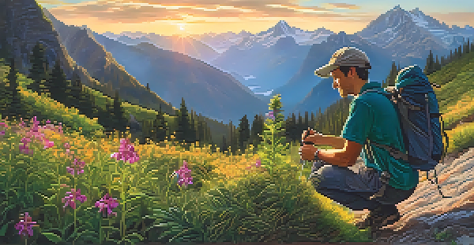 A hiker planting a small tree on a mountain trail, surrounded by colorful flowers and mountains under a sunset sky.