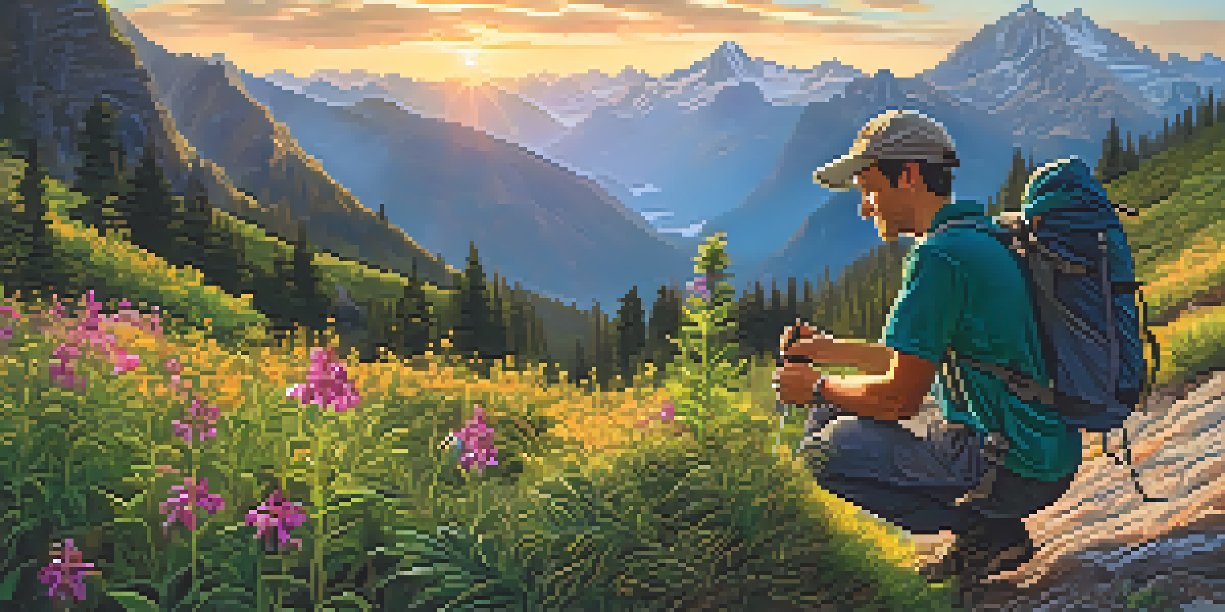 A hiker planting a small tree on a mountain trail, surrounded by colorful flowers and mountains under a sunset sky.