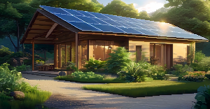 A peaceful eco-lodge surrounded by trees, featuring solar panels and a vegetable garden, illuminated by golden sunrise light.