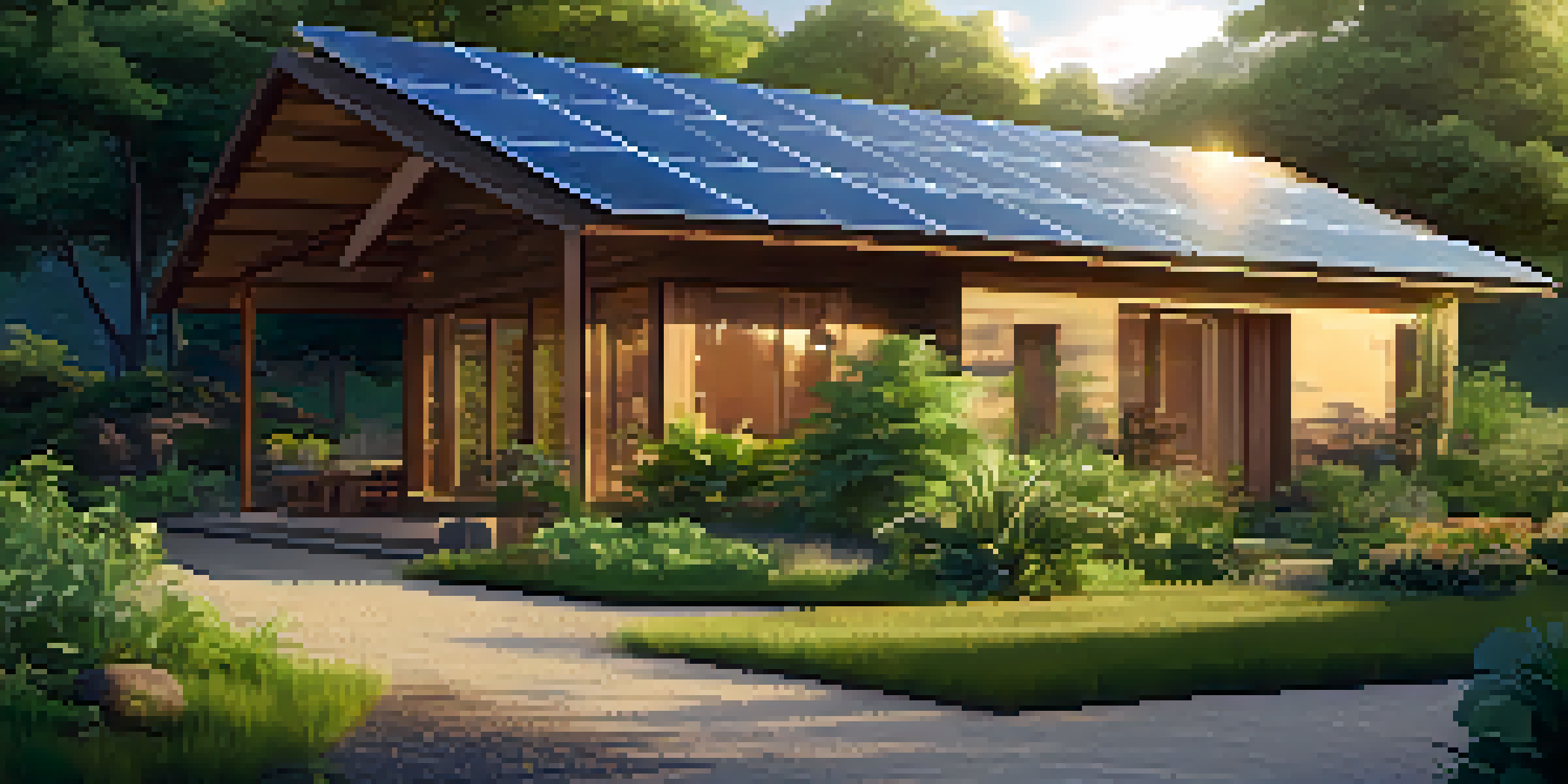 A peaceful eco-lodge surrounded by trees, featuring solar panels and a vegetable garden, illuminated by golden sunrise light.