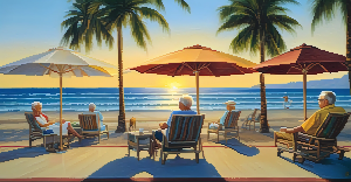 Seniors relaxing at a beach resort, sitting on lounge chairs under umbrellas with palm trees and sunset in the background.