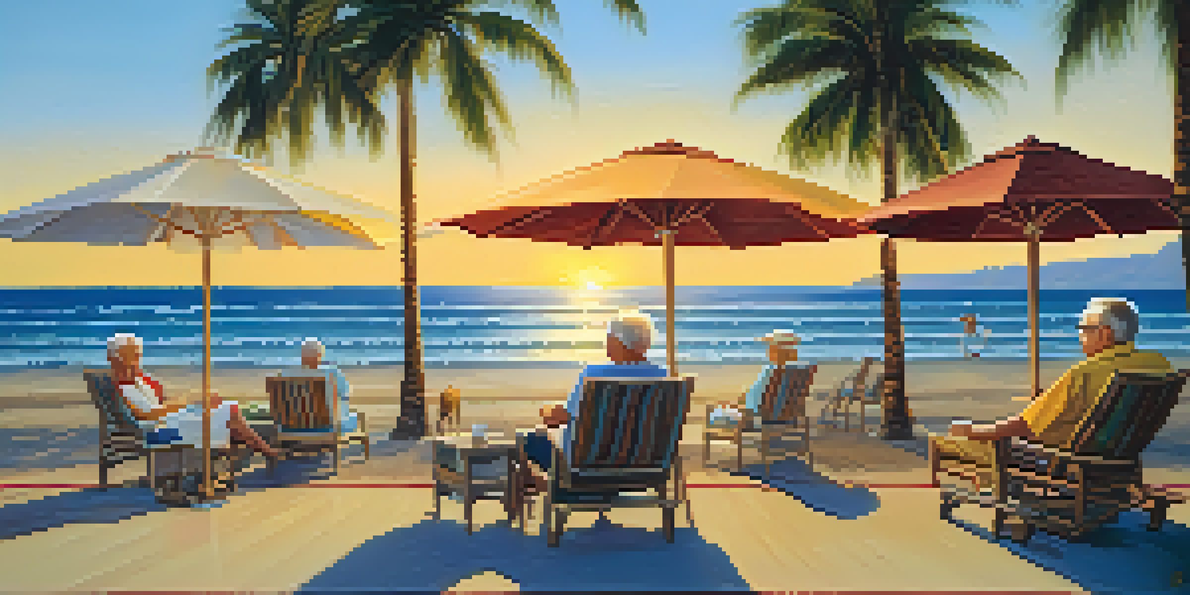 Seniors relaxing at a beach resort, sitting on lounge chairs under umbrellas with palm trees and sunset in the background.