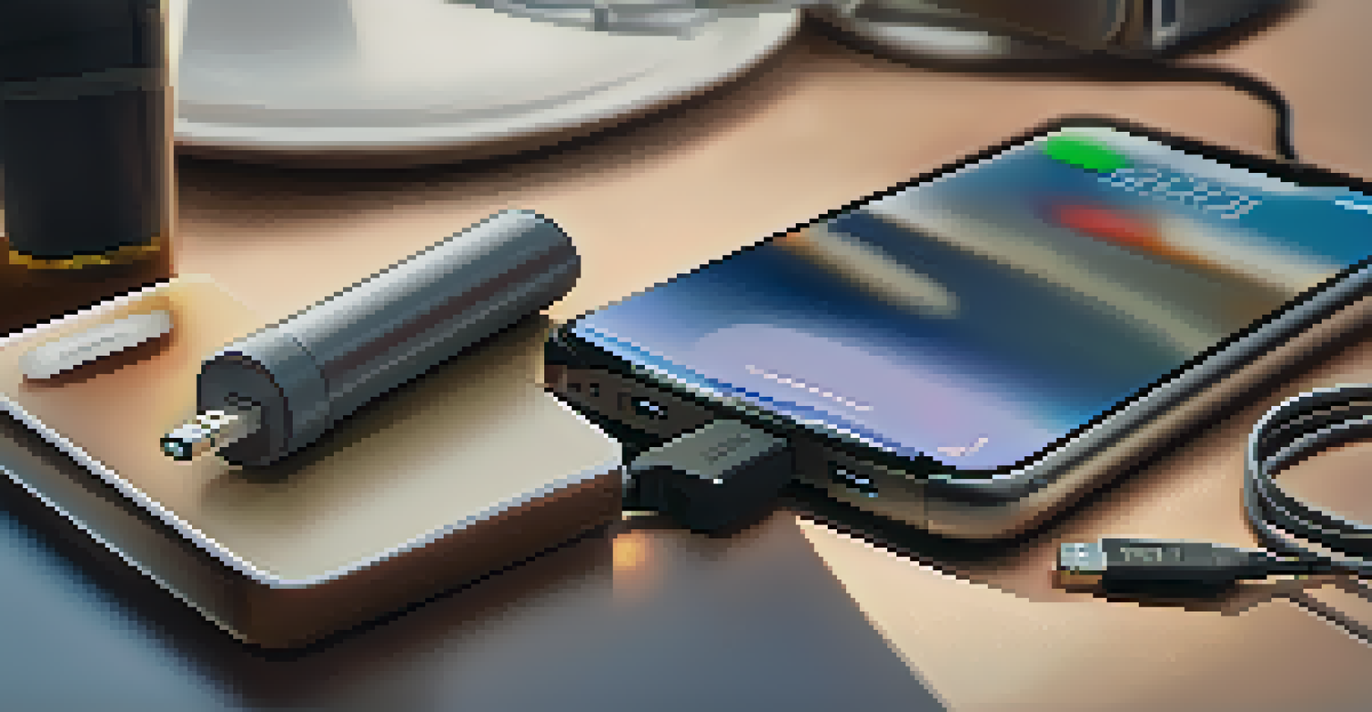 A hand holding a portable charger with a smartphone and tablet connected, set against a blurred airplane cabin background.