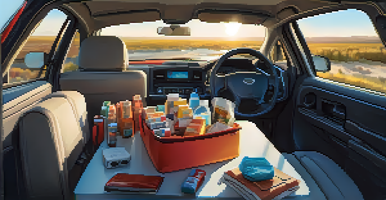 The interior of a car is organized for a road trip with travel essentials like snacks, a first aid kit, and travel pillows visible.