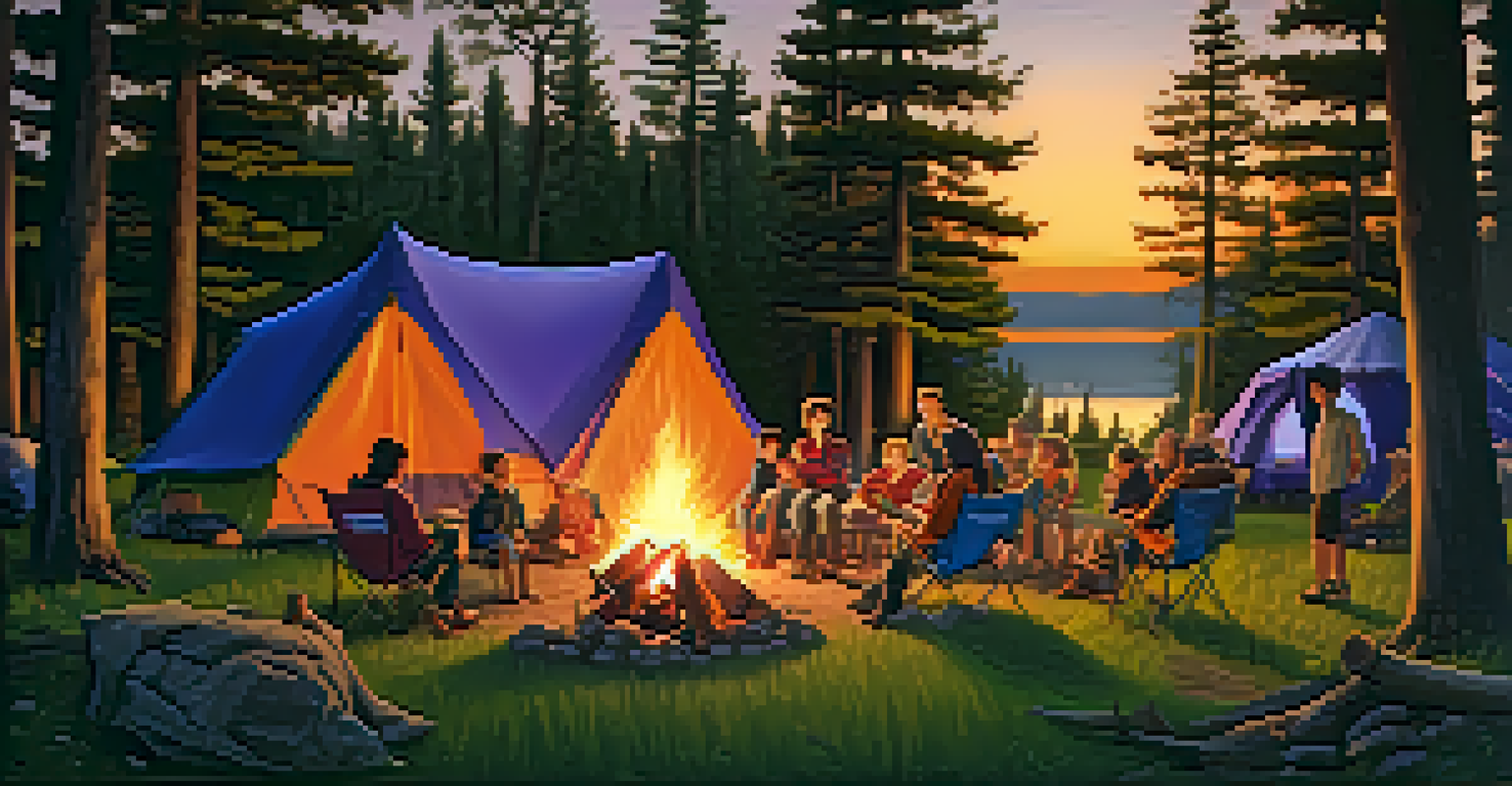A family reunion at a campsite with tents, a glowing campfire, and people roasting marshmallows under a beautiful sunset sky.
