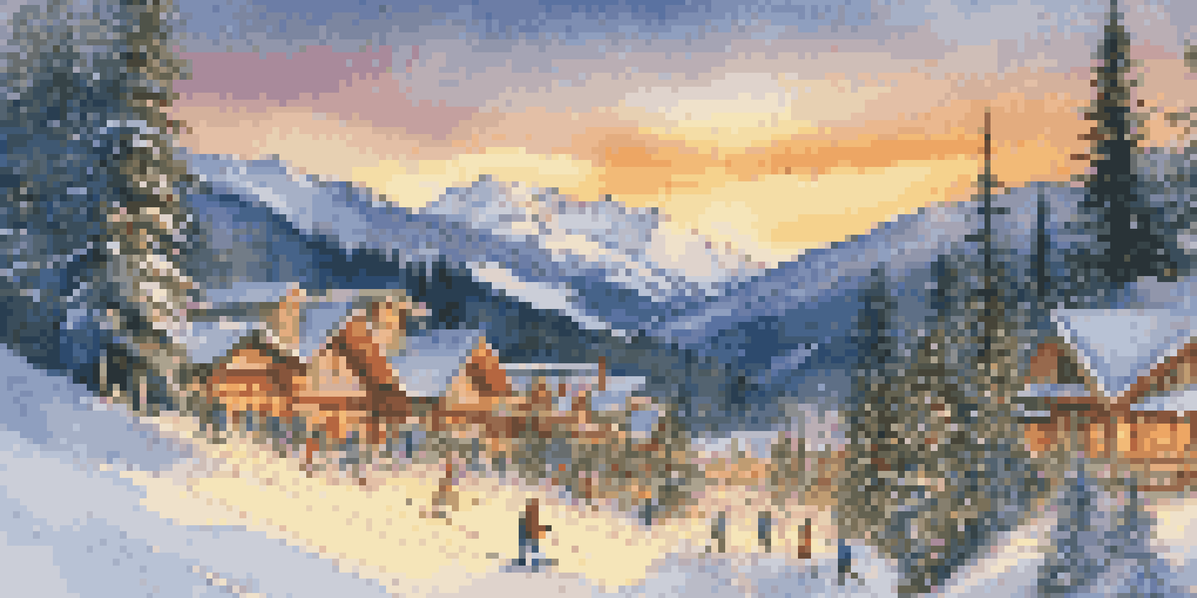 A winter scene with skiers on snow-covered slopes in Whistler, featuring cozy lodges in the background and a sunset glow.