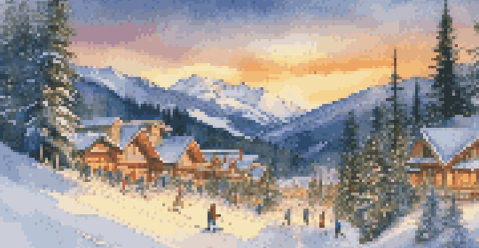 A winter scene with skiers on snow-covered slopes in Whistler, featuring cozy lodges in the background and a sunset glow.