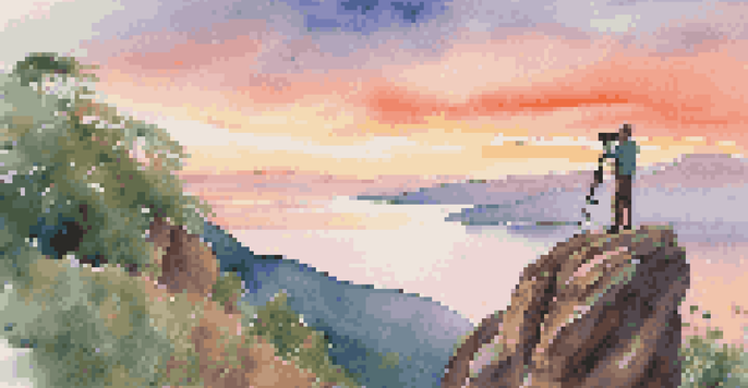 A photographer on a cliff during sunset, capturing the colorful sky and ocean below.