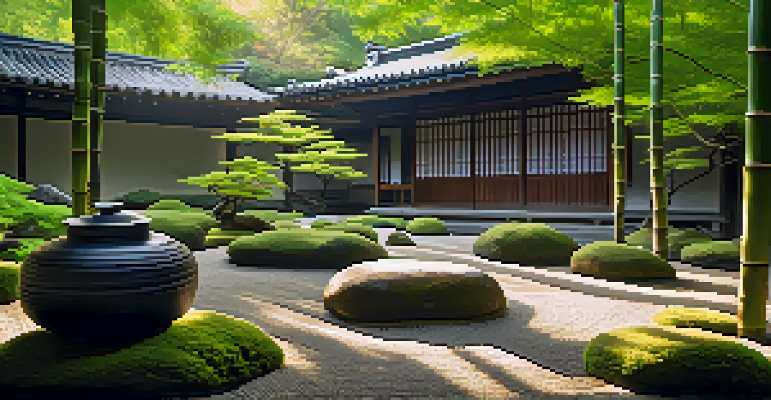 A peaceful zen garden in Kyoto with raked gravel, rocks, and bamboo, featuring a pathway leading to a tea house.