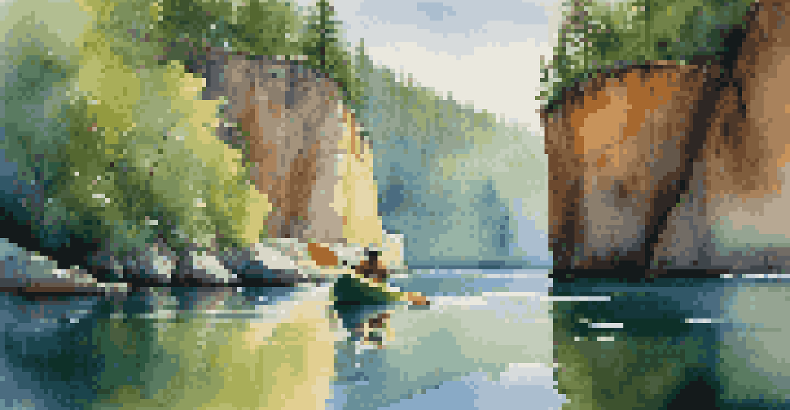 A colorful kayak on calm waters surrounded by cliffs and trees in the morning light.
