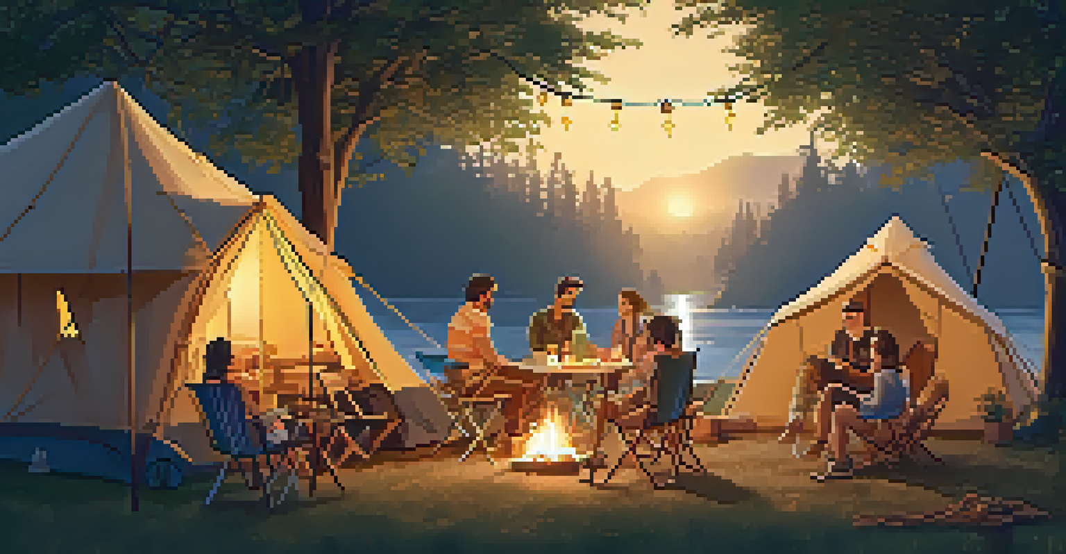 A comfortable camping setup at a festival with a tent, string lights, and friends enjoying snacks around a cozy atmosphere, illuminated by the sunset.