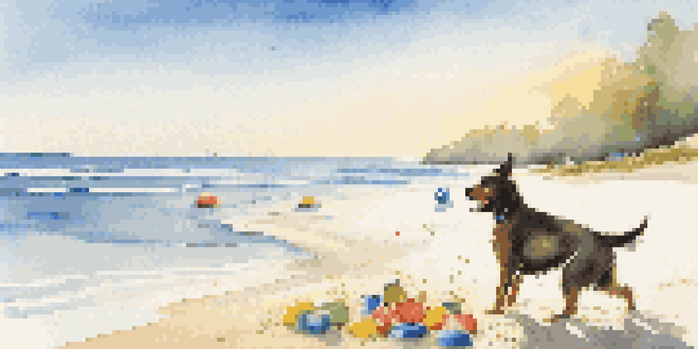 A happy dog playing in the sand at a beach with colorful toys and a bright blue ocean in the background.