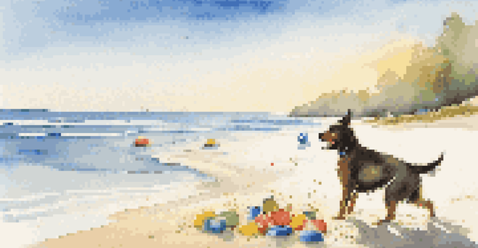 A happy dog playing in the sand at a beach with colorful toys and a bright blue ocean in the background.