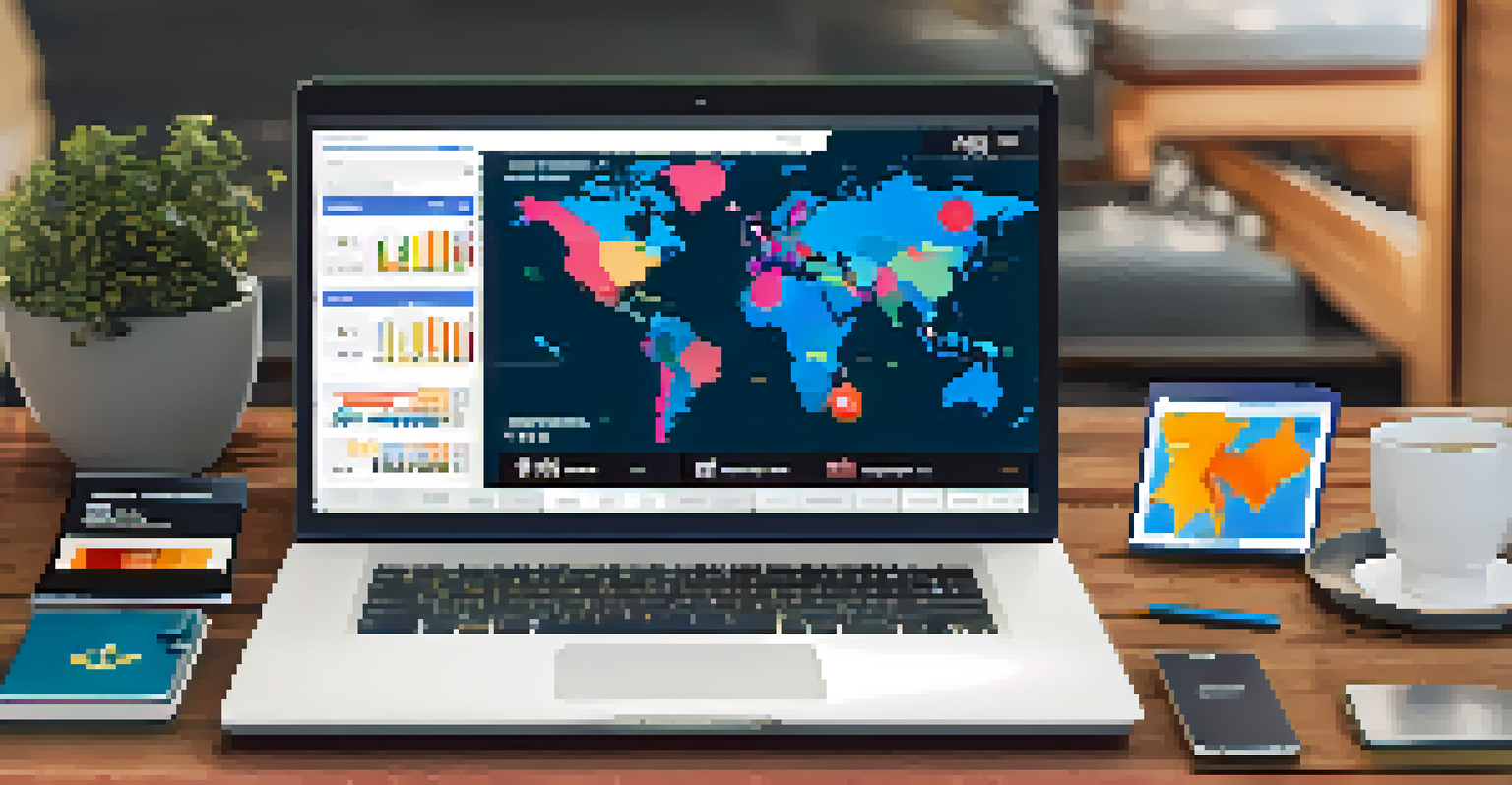 An overhead view of a laptop displaying a fare comparison website with colorful graphs, surrounded by travel essentials on a wooden table.