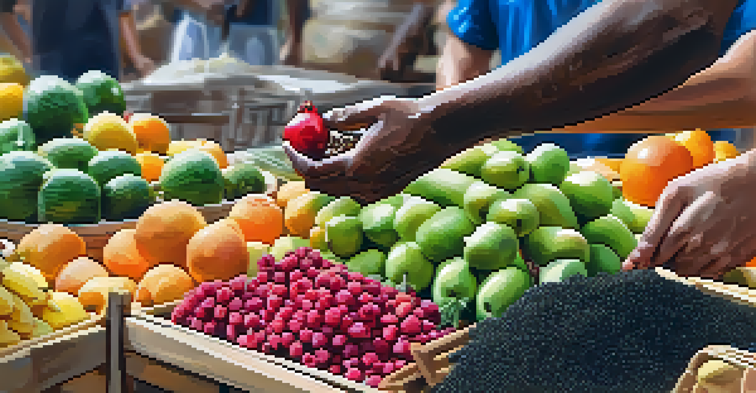 A lively market scene with colorful fruits and spices, focusing on a vendor's hands arranging fresh produce.