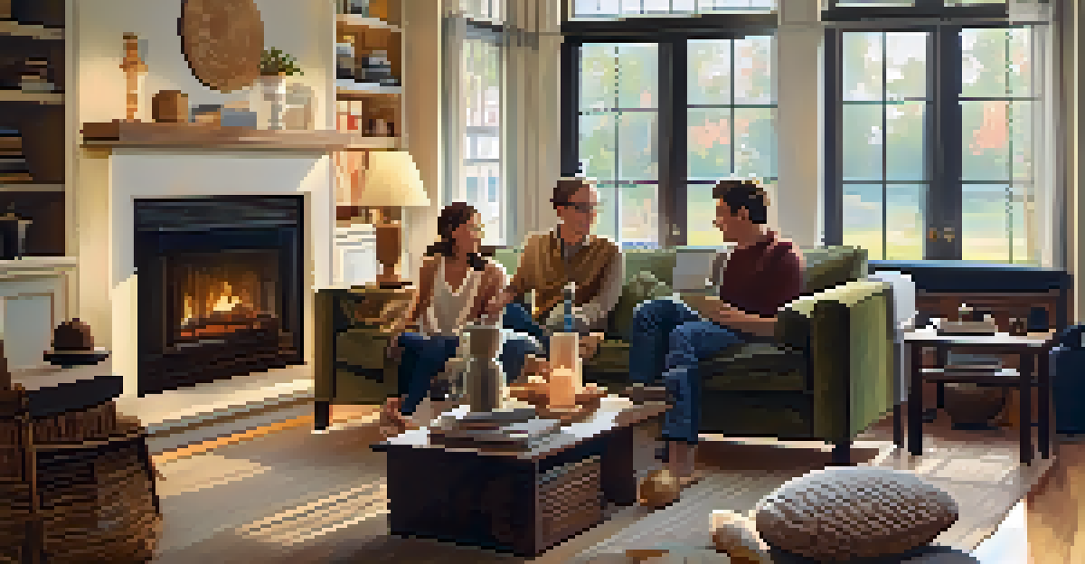 A family gathered in a cozy living room, sharing stories and laughter, with warm ambient light illuminating the scene.