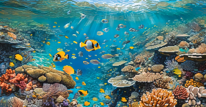 Aerial view of the Great Barrier Reef with colorful corals and fish in clear blue water.
