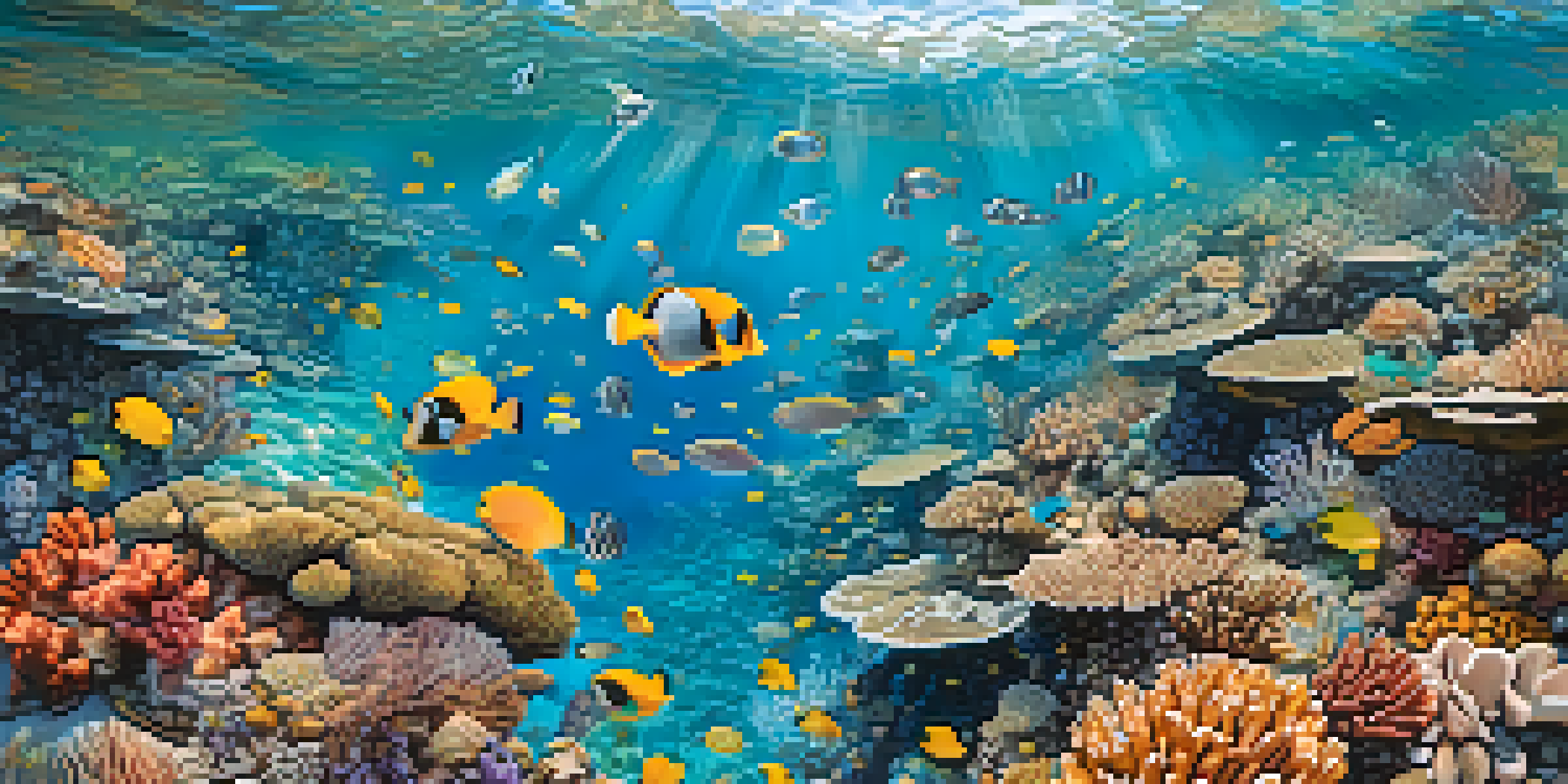 Aerial view of the Great Barrier Reef with colorful corals and fish in clear blue water.