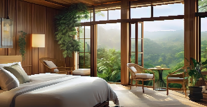 A cozy eco-friendly hotel room with large windows and views of greenery, featuring bamboo furniture and organic cotton bedding.