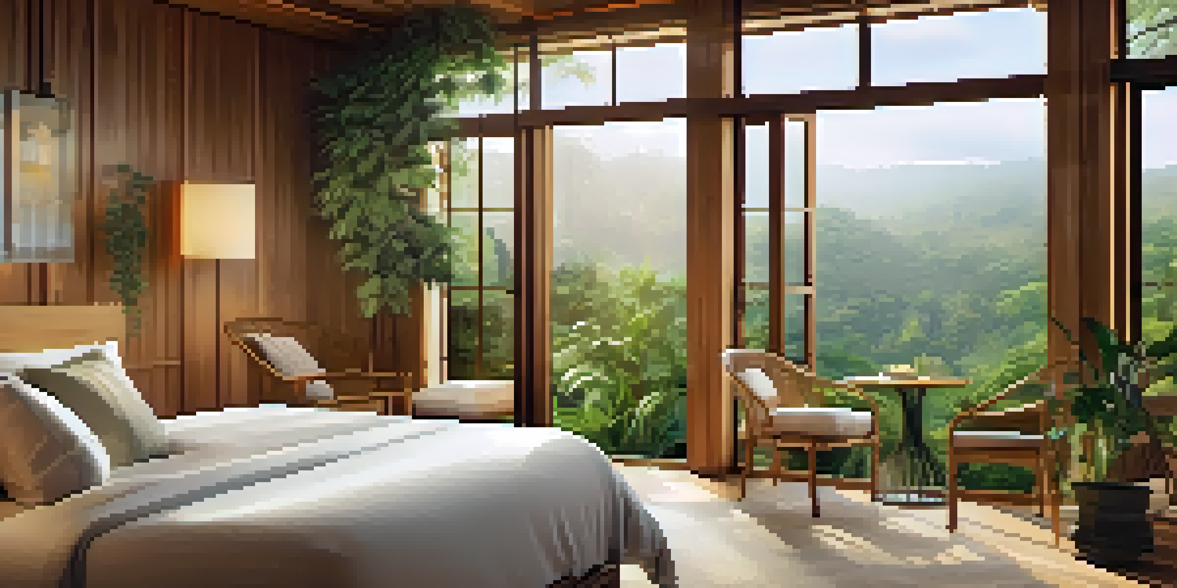 A cozy eco-friendly hotel room with large windows and views of greenery, featuring bamboo furniture and organic cotton bedding.