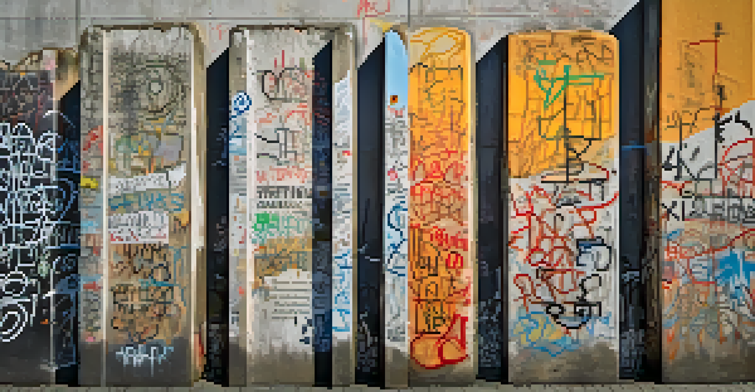 A close-up view of the Berlin Wall showcasing colorful graffiti and messages of peace.