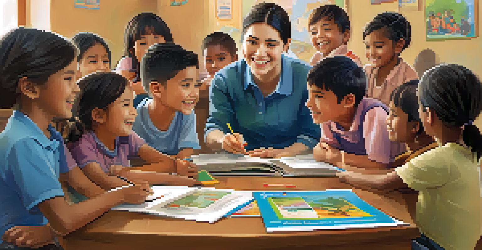 A volunteer teaching English to children in a vibrant classroom filled with educational decorations, fostering a love for learning.